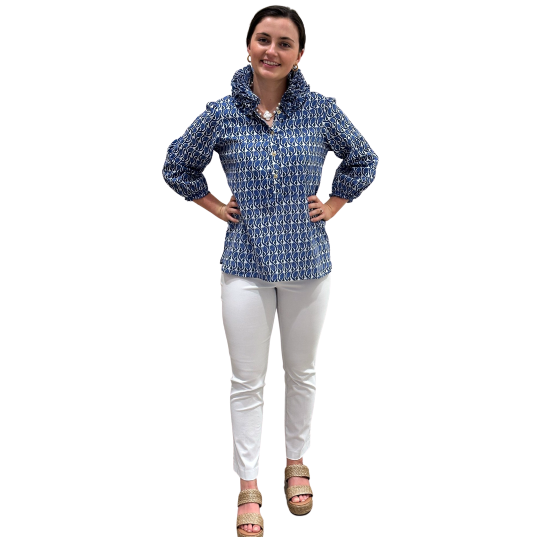 The Maria Ruffle Neck Collar Blouse in Blue Hand Block Cotton