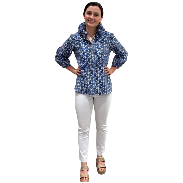 The Maria Ruffle Neck Collar Blouse in Blue Hand Block Cotton