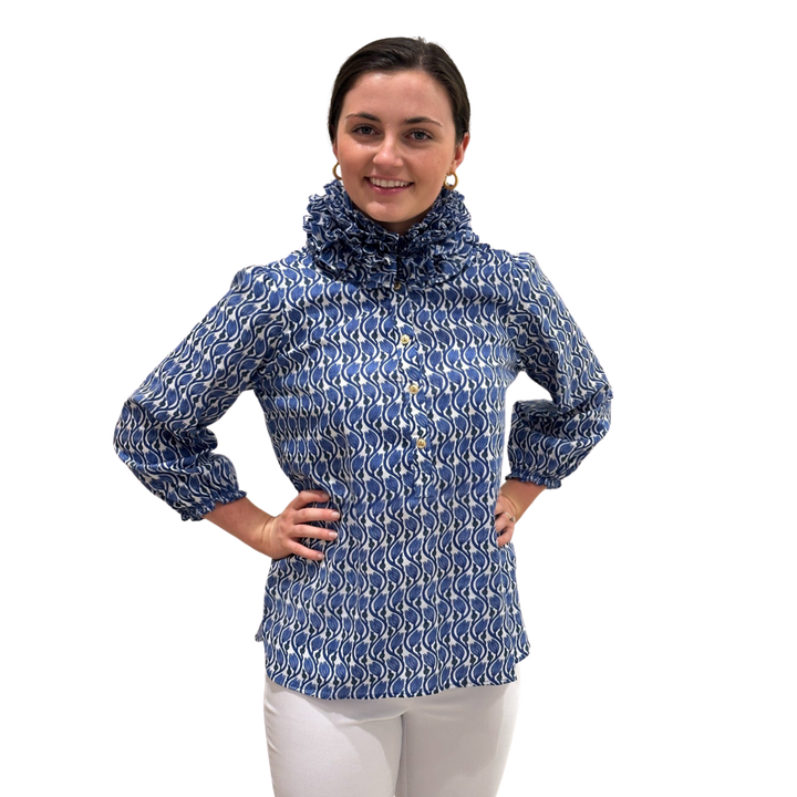 The Maria Ruffle Neck Collar Blouse in Blue Hand Block Cotton — view 6