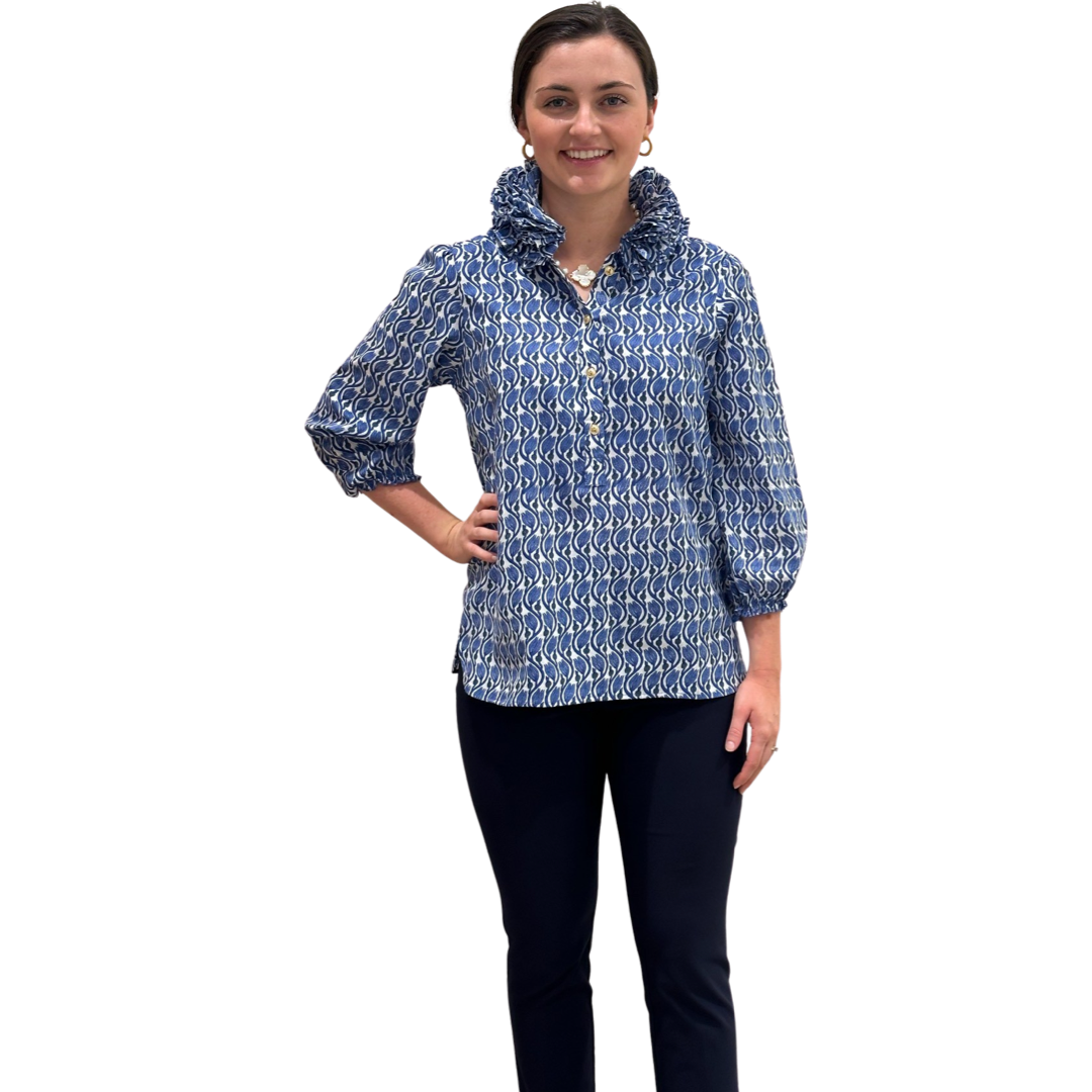 The Maria Ruffle Neck Collar Blouse in Blue Hand Block