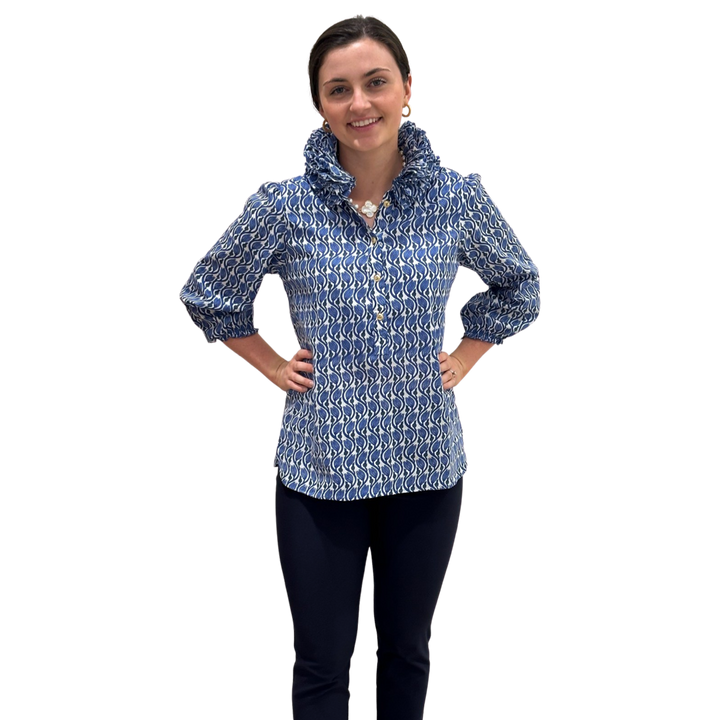 The Maria Ruffle Neck Collar Blouse in Blue Hand Block Cotton — view 3