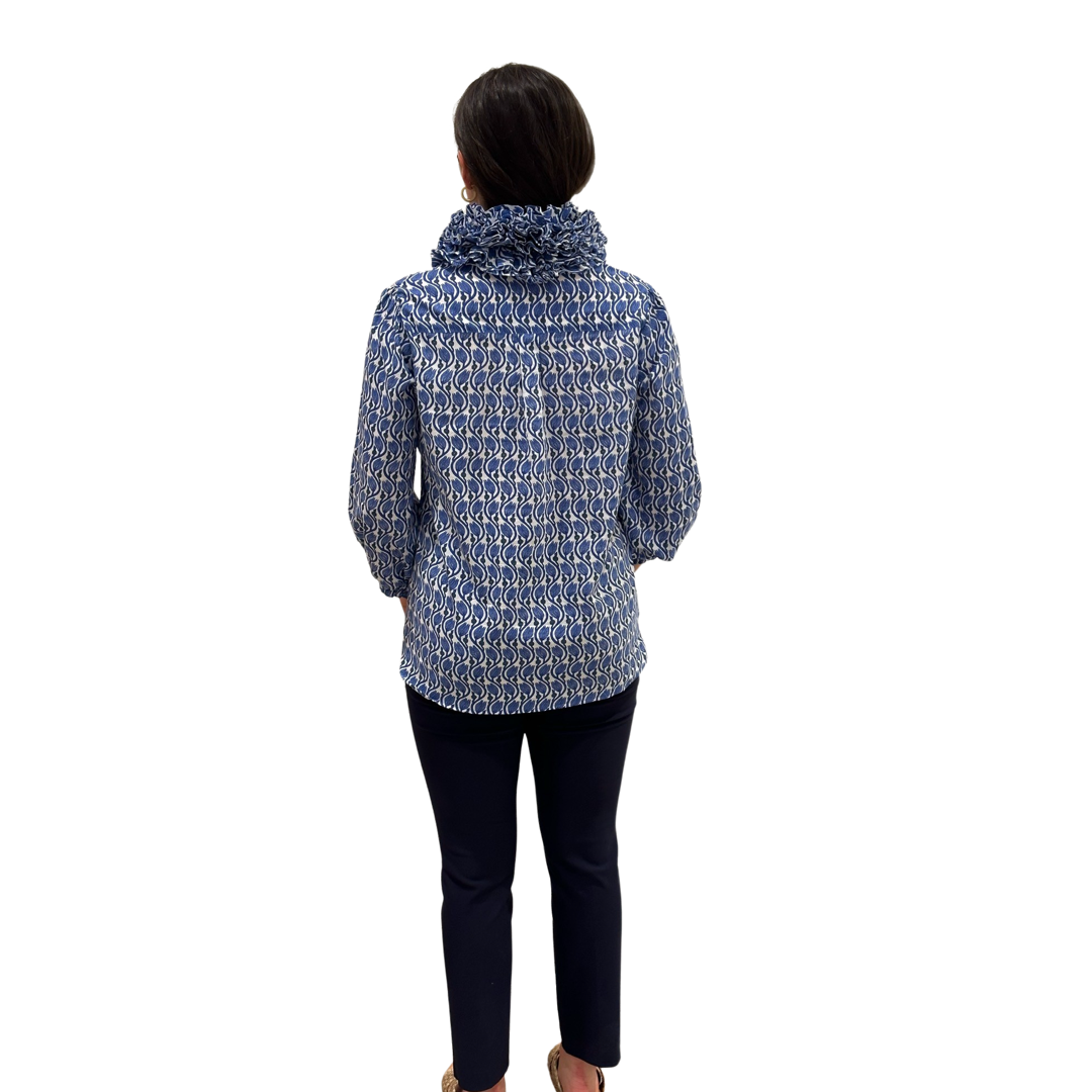 The Maria Ruffle Neck Collar Blouse in Blue Hand Block Cotton — view 7