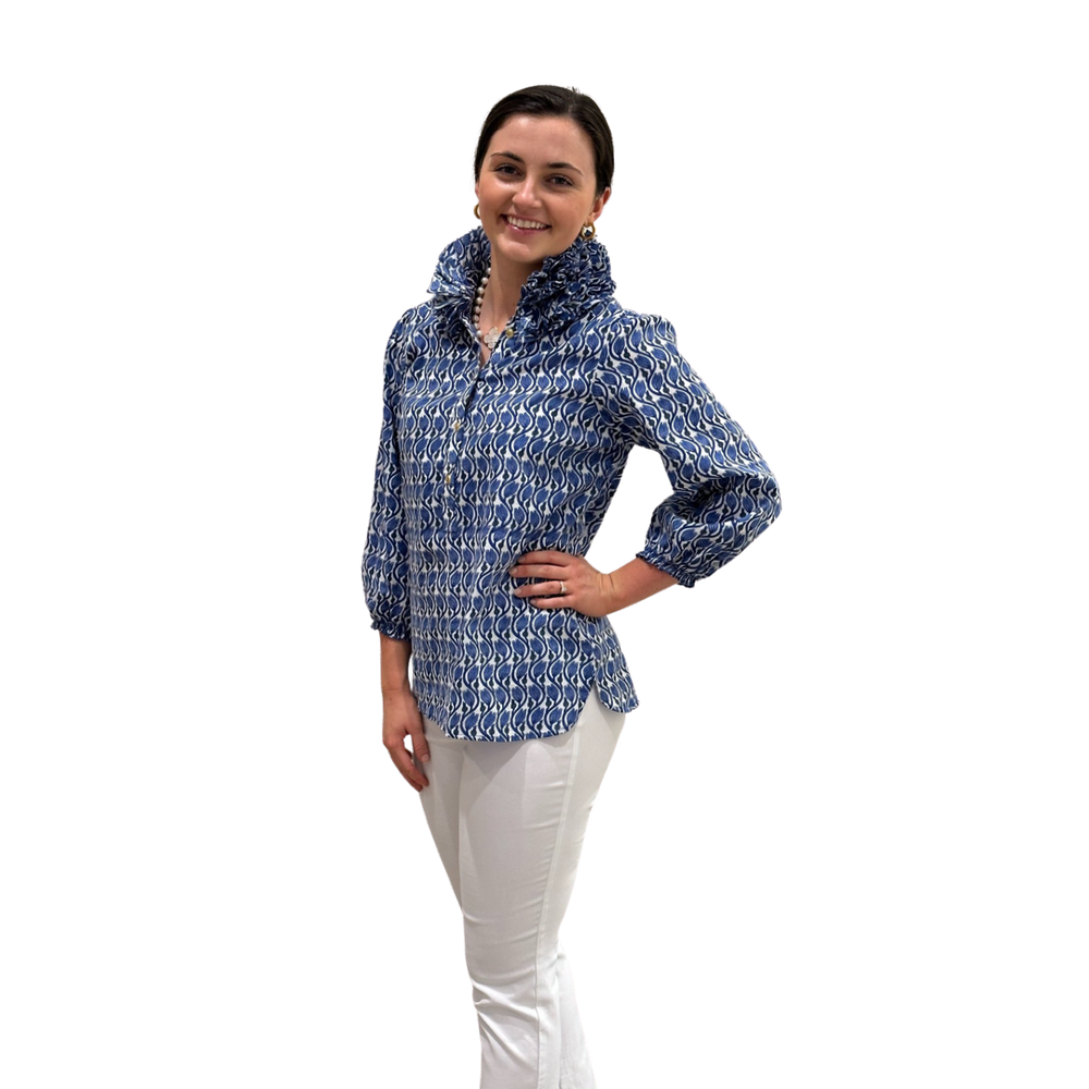 The Maria Ruffle Neck Collar Blouse in Blue Hand Block Cotton — view 2
