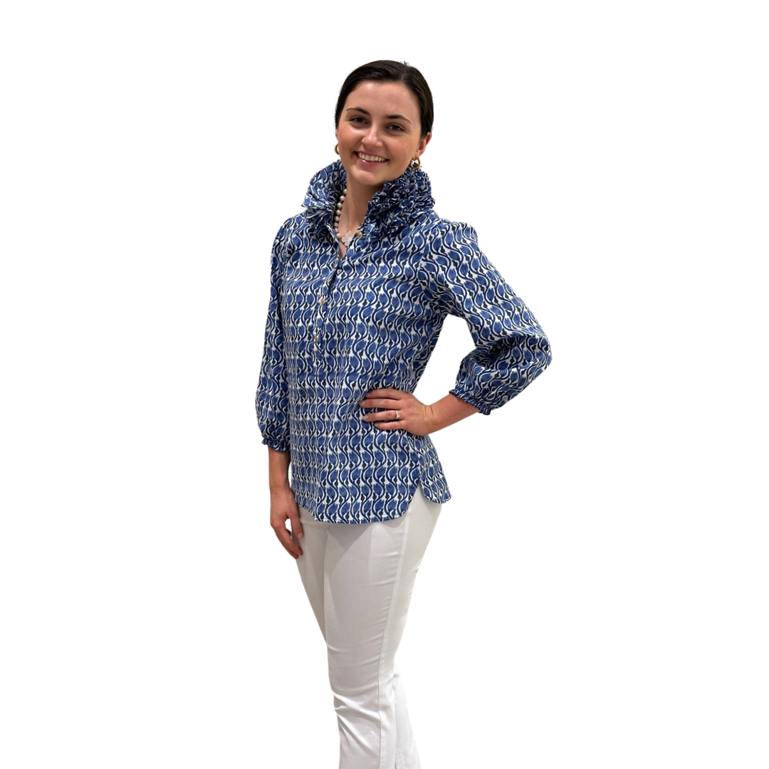 The Maria Ruffle Neck Collar Blouse in Blue Hand Block Cotton — view 2