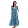 The Tinley Long Length Cotton Dress in Green and Blue Hand Block Floral