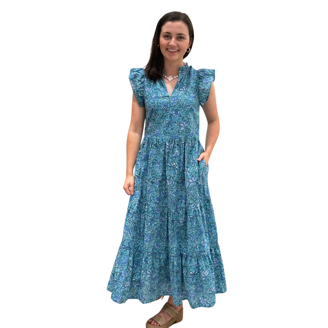 The Tinley Long Length Cotton Dress in Green and Blue Hand Block Floral