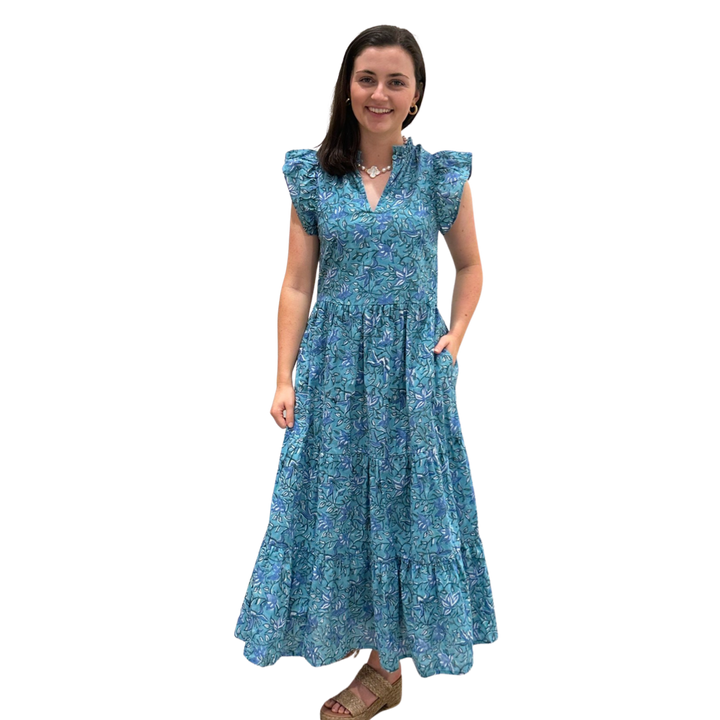 The Tinley Long Length Cotton Dress in Green and Blue Hand Block Floral