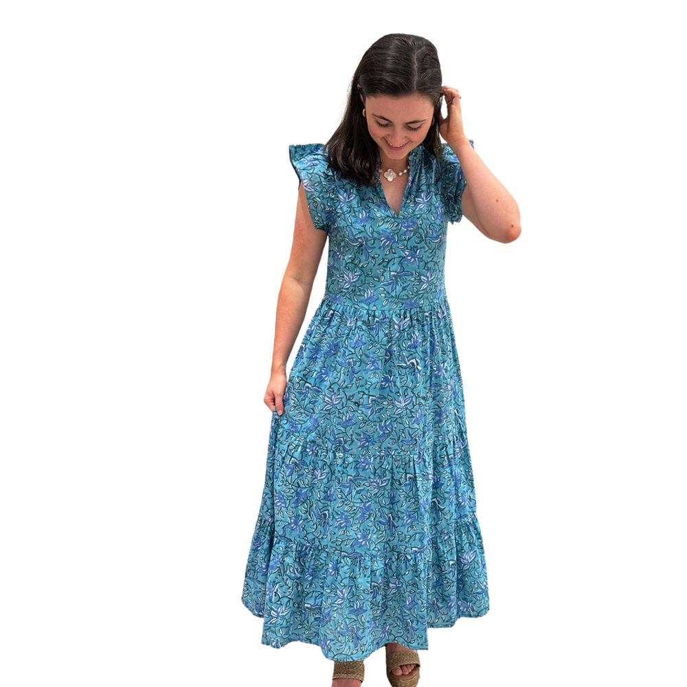 The Tinley Long Length Cotton Dress in Green and Blue Hand Block Floral — view 2