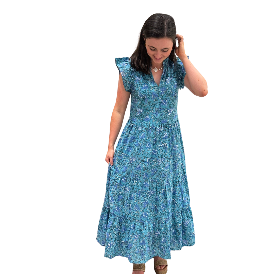 The Tinley Long Length Cotton Dress in Green and Blue Hand Block Floral — view 2