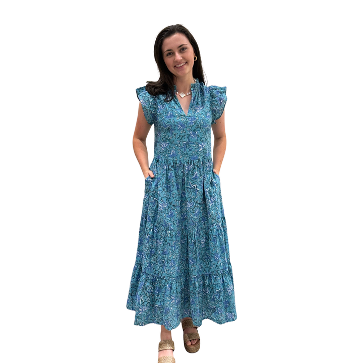 The Tinley Long Length Cotton Dress in Green and Blue Hand Block Floral — view 3