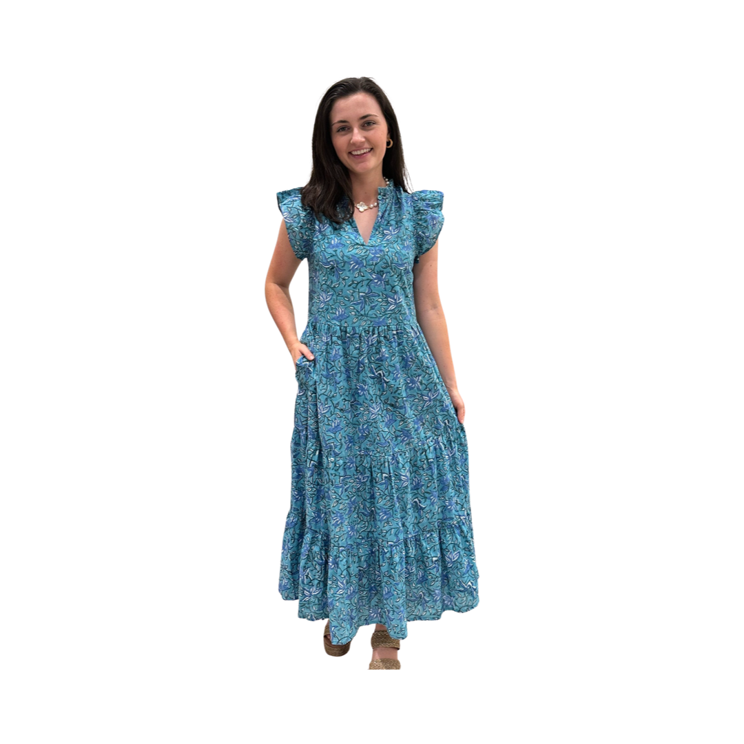 The Tinley Long Length Cotton Dress in Green and Blue Hand Block Floral — view 4