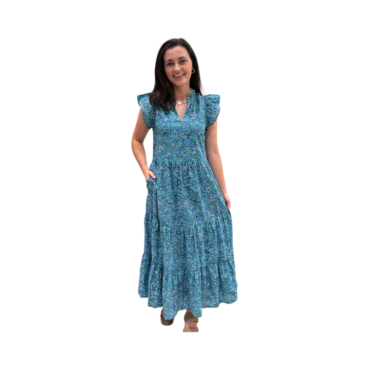 The Tinley Long Length Cotton Dress in Green and Blue Hand Block Floral — view 4