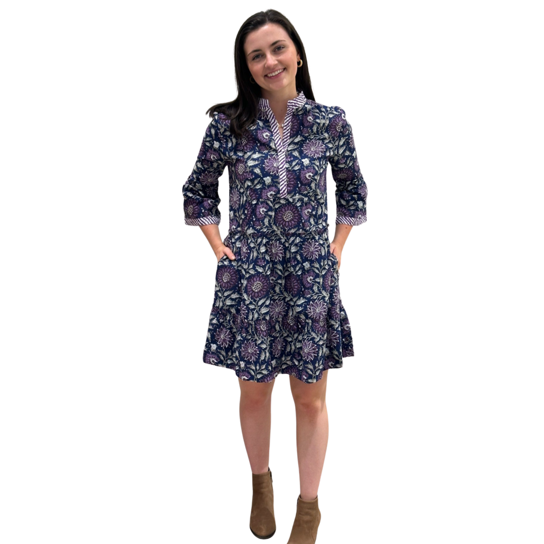 The Makayla Hand Block Print Dress in Navy and Purple Floral
