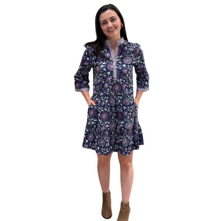 The Makayla Hand Block Print Dress in Navy and Purple Floral