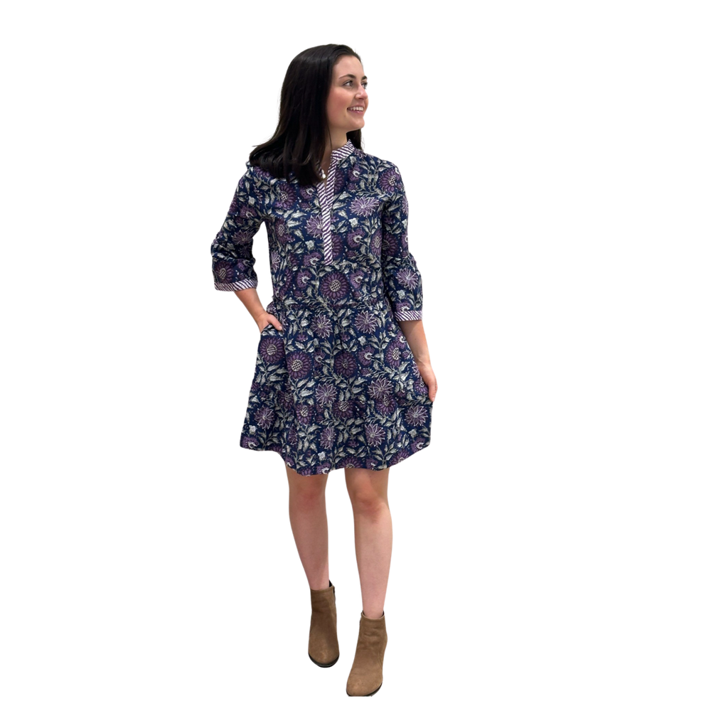 The Makayla Hand Block Print Dress in Navy and Purple Floral — view 2