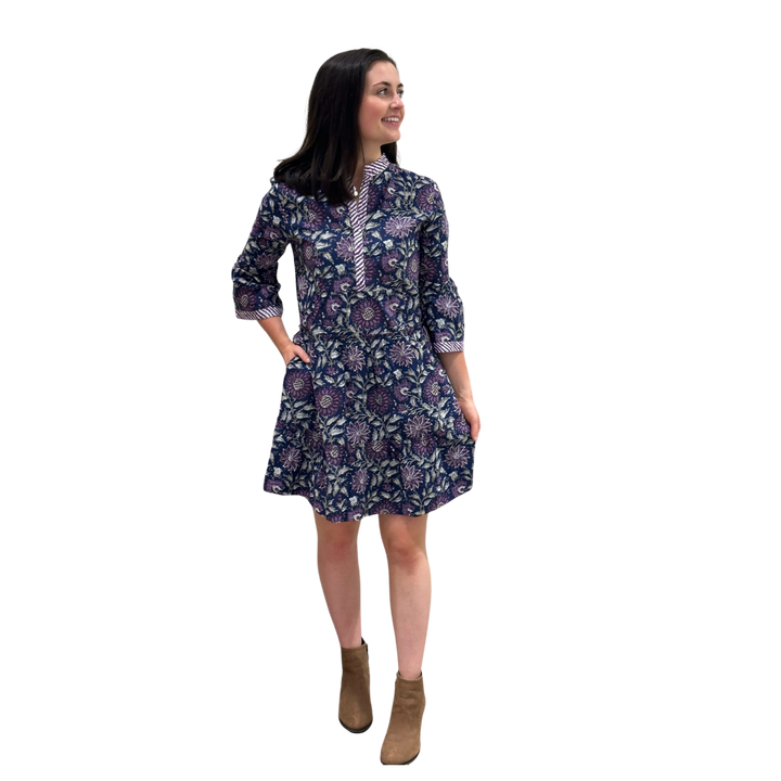 The Makayla Hand Block Print Dress in Navy and Purple Floral — view 2