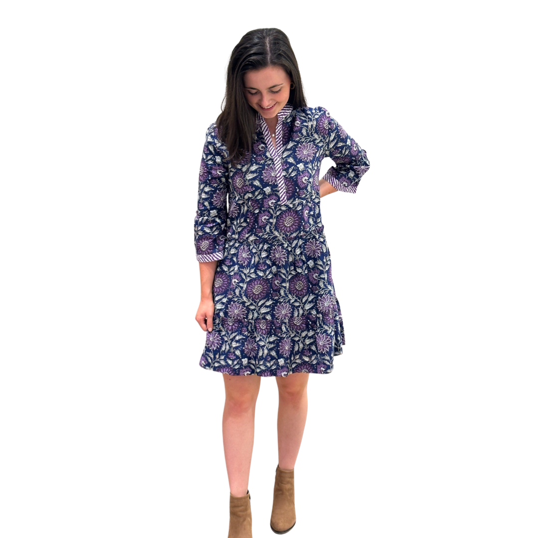 The Makayla Hand Block Print Dress in Navy and Purple Floral — view 3