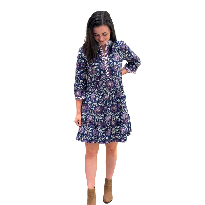The Makayla Hand Block Print Dress in Navy and Purple Floral — view 3
