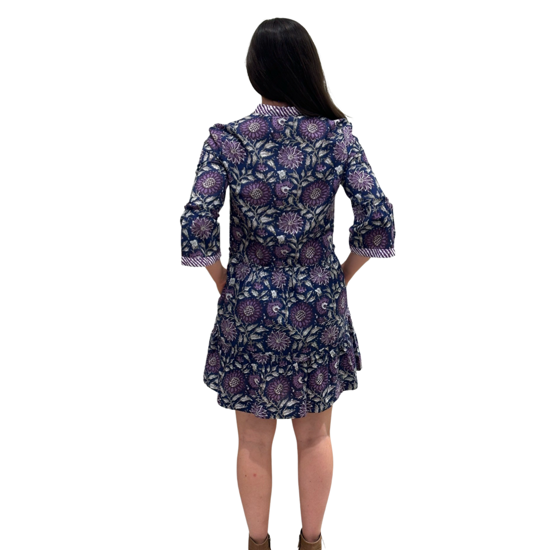 The Makayla Hand Block Print Dress in Navy and Purple Floral — view 4