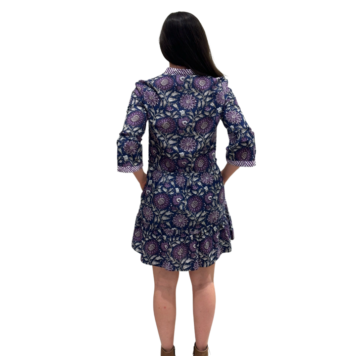 The Makayla Hand Block Print Dress in Navy and Purple Floral — view 4