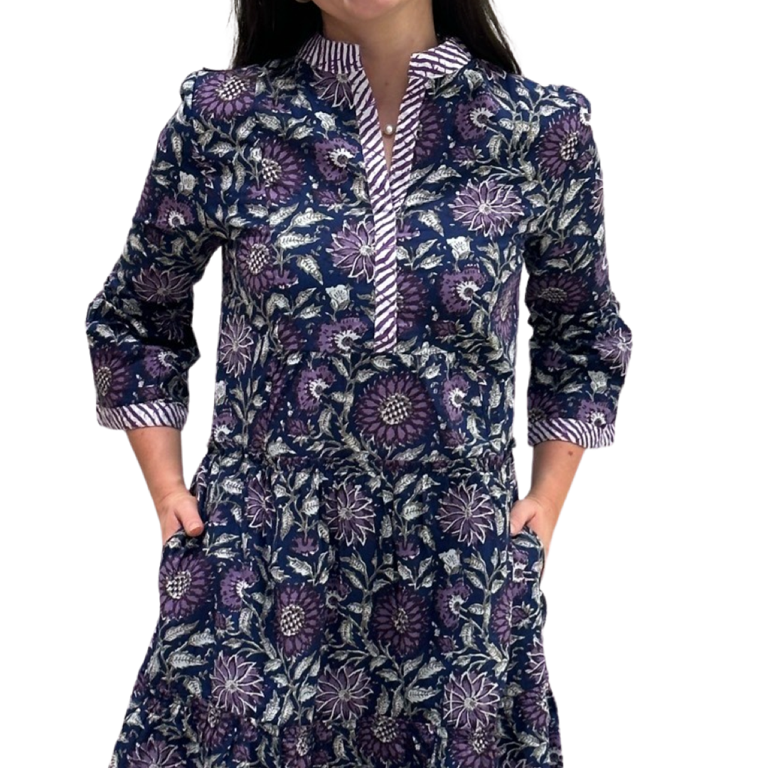 The Makayla Hand Block Print Dress in Navy and Purple Floral — view 5