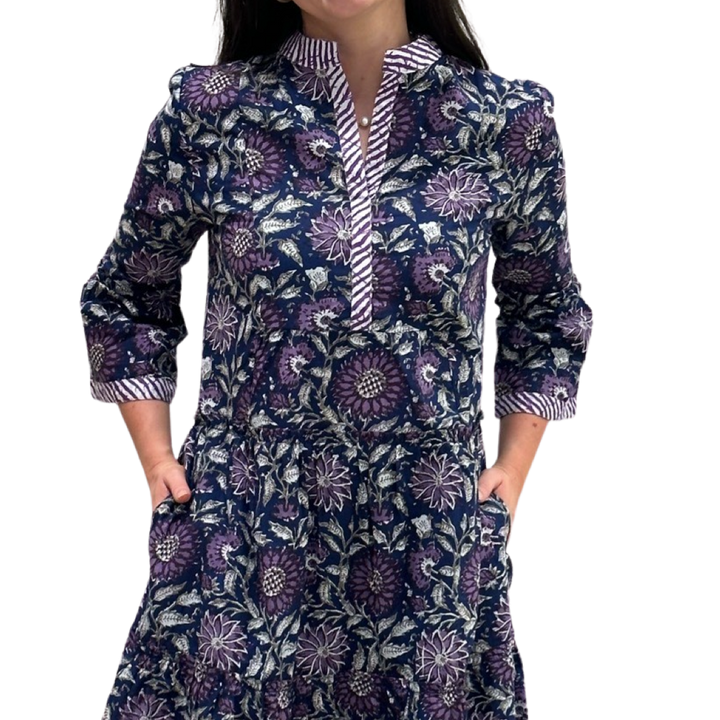 The Makayla Hand Block Print Dress in Navy and Purple Floral — view 5