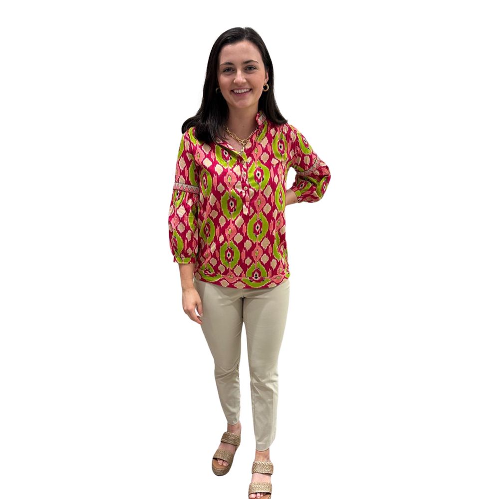 The McKenzie Embroidered Trim Top in Pink and Green Ikat — view 2
