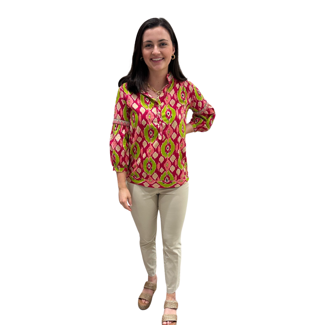 The McKenzie Embroidered Trim Top in Pink and Green Ikat — view 2