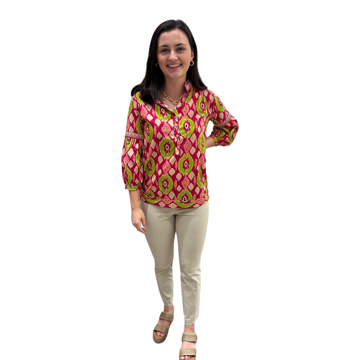 The McKenzie Embroidered Trim Top in Pink and Green Ikat — view 2