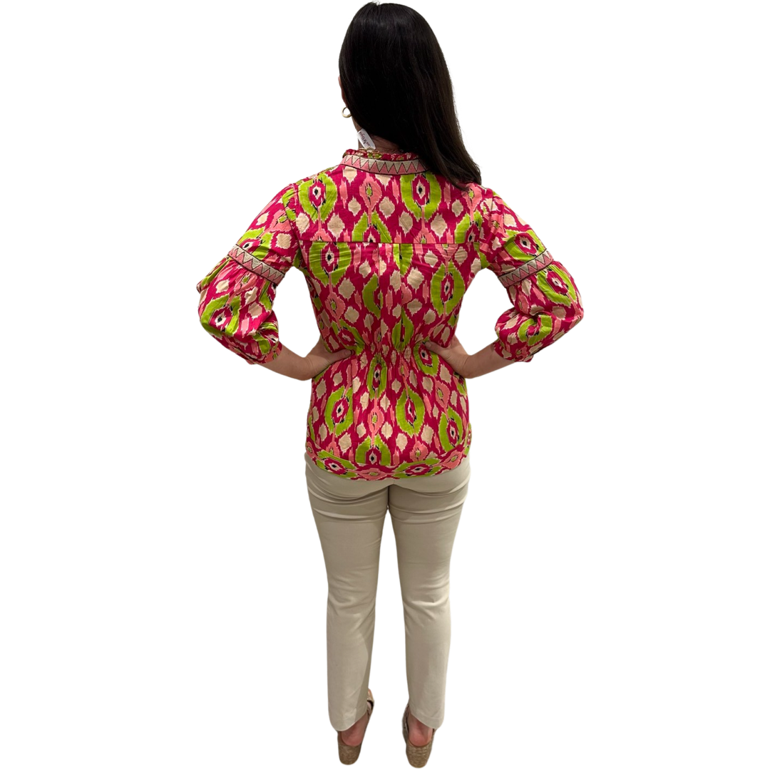 The McKenzie Embroidered Trim Top in Pink and Green Ikat — view 3
