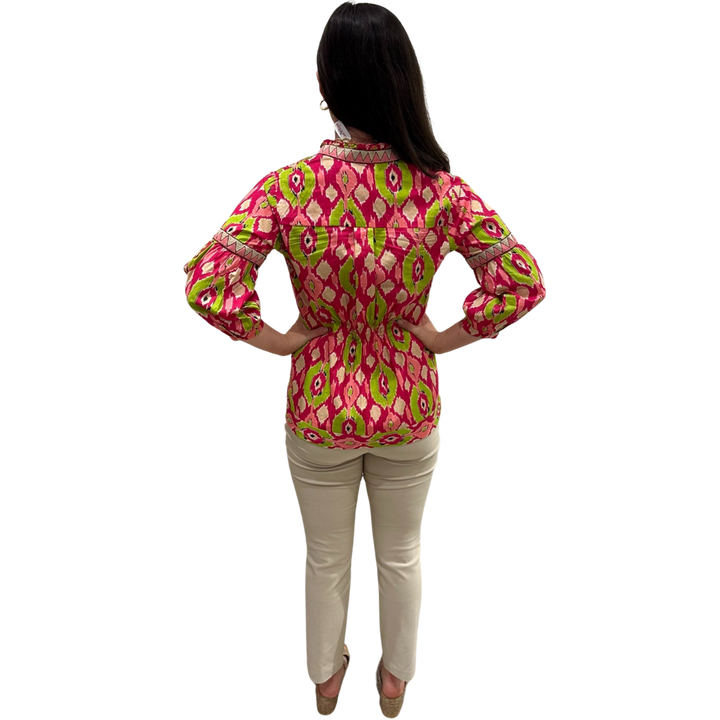 The McKenzie Embroidered Trim Top in Pink and Green Ikat — view 3