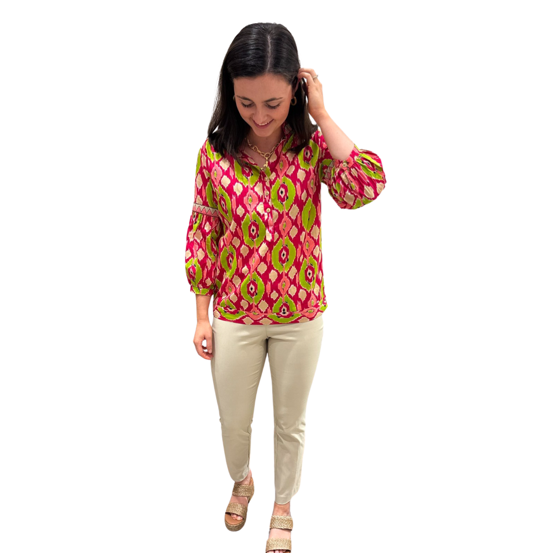The McKenzie Embroidered Trim Top in Pink and Green Ikat