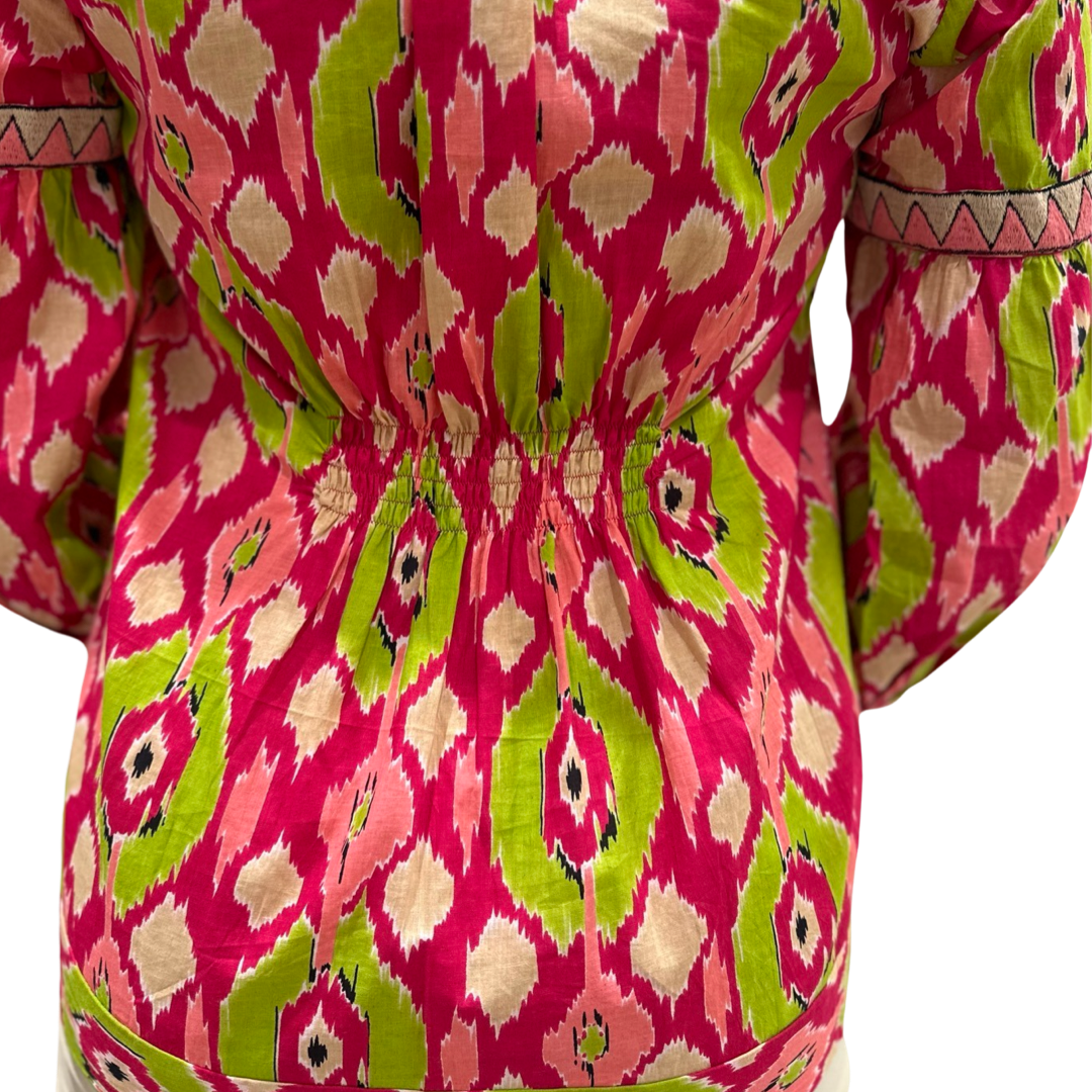 The McKenzie Embroidered Trim Top in Pink and Green Ikat — view 4