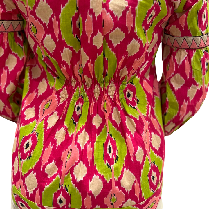The McKenzie Embroidered Trim Top in Pink and Green Ikat — view 4