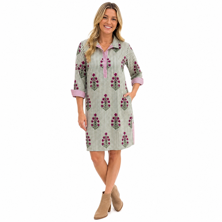 The Lisette Cotton Green Striped Floral Side Pocket Dress