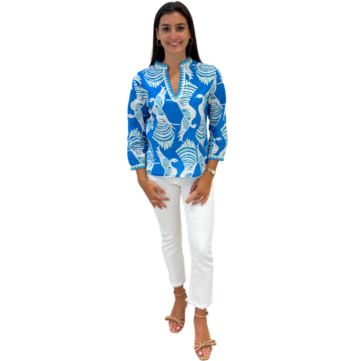 The Kelsea Bird Print Embroidered Trim Top — view 4