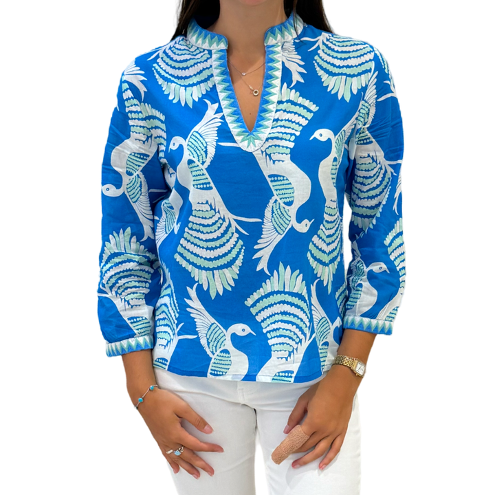 The Kelsea Bird Print Embroidered Trim Top — view 3