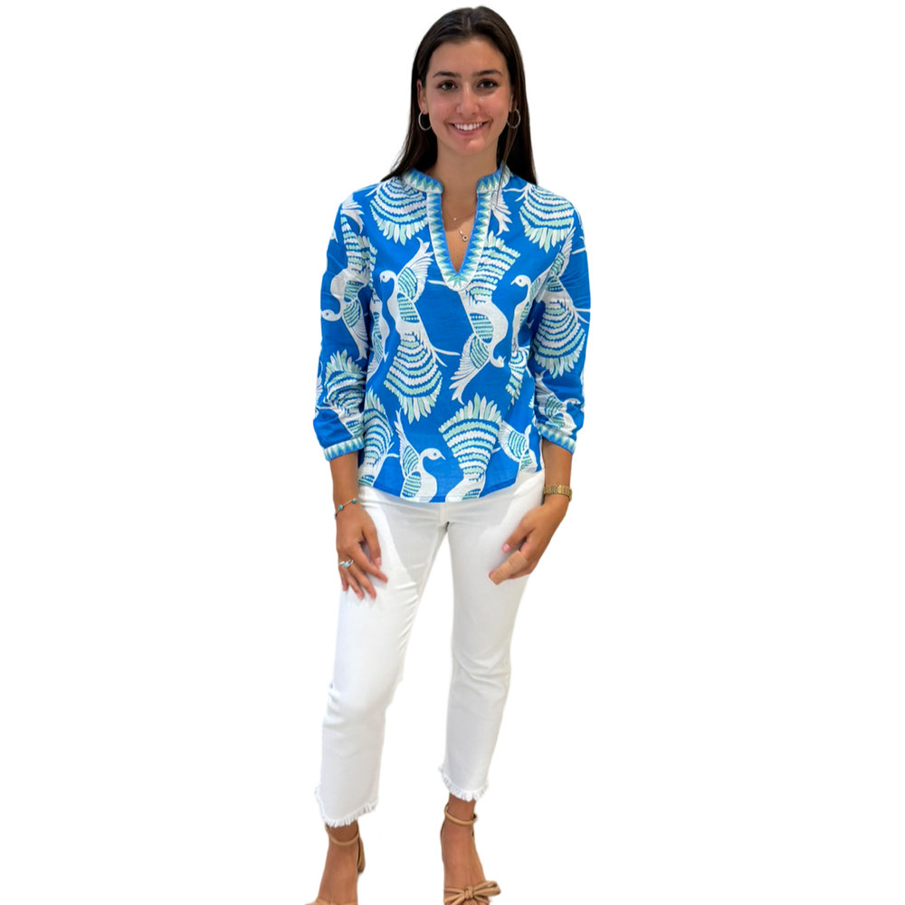 The Kelsea Bird Print Embroidered Trim Top — view 2