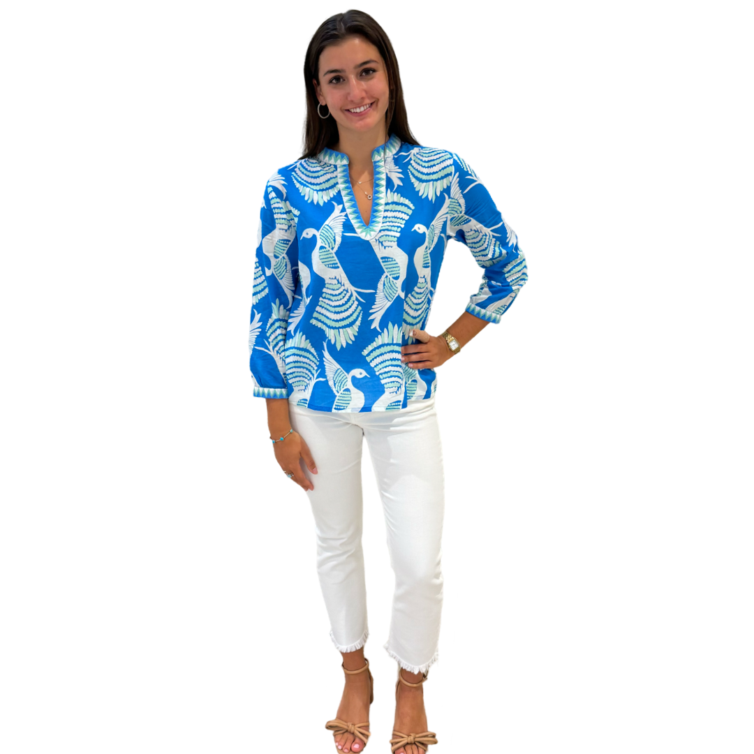 The Kelsea Bird Print Embroidered Trim Top