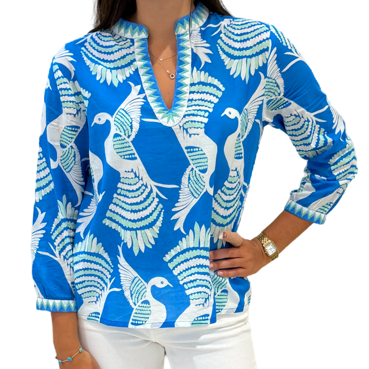 The Kelsea Bird Print Embroidered Trim Top — view 5