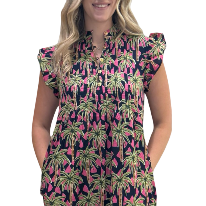 The Maggie Flutter Sleeve Dress in Pink Navy Palm Print — view 7
