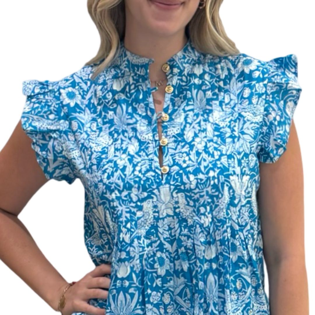 The Maggie Flutter Sleeve Dress in Turquoise and White — view 6
