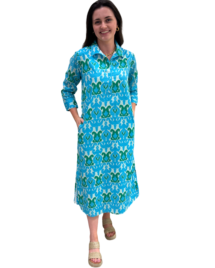 The Lisette Long Blue Green Ikat Dress