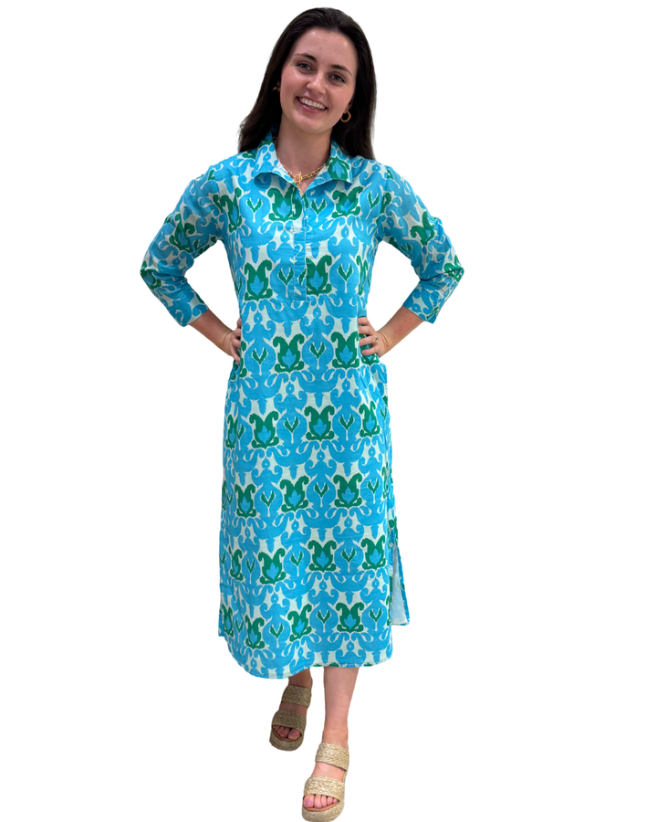 The Lisette Long Blue Green Ikat Dress — view 2
