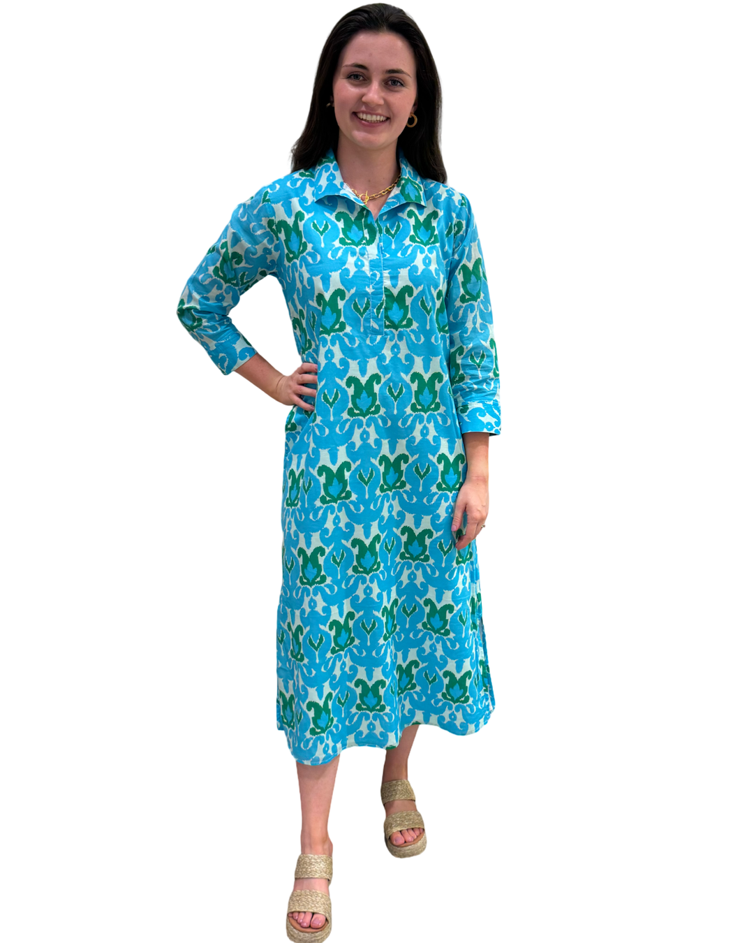 The Lisette Long Blue Green Ikat Dress — view 3