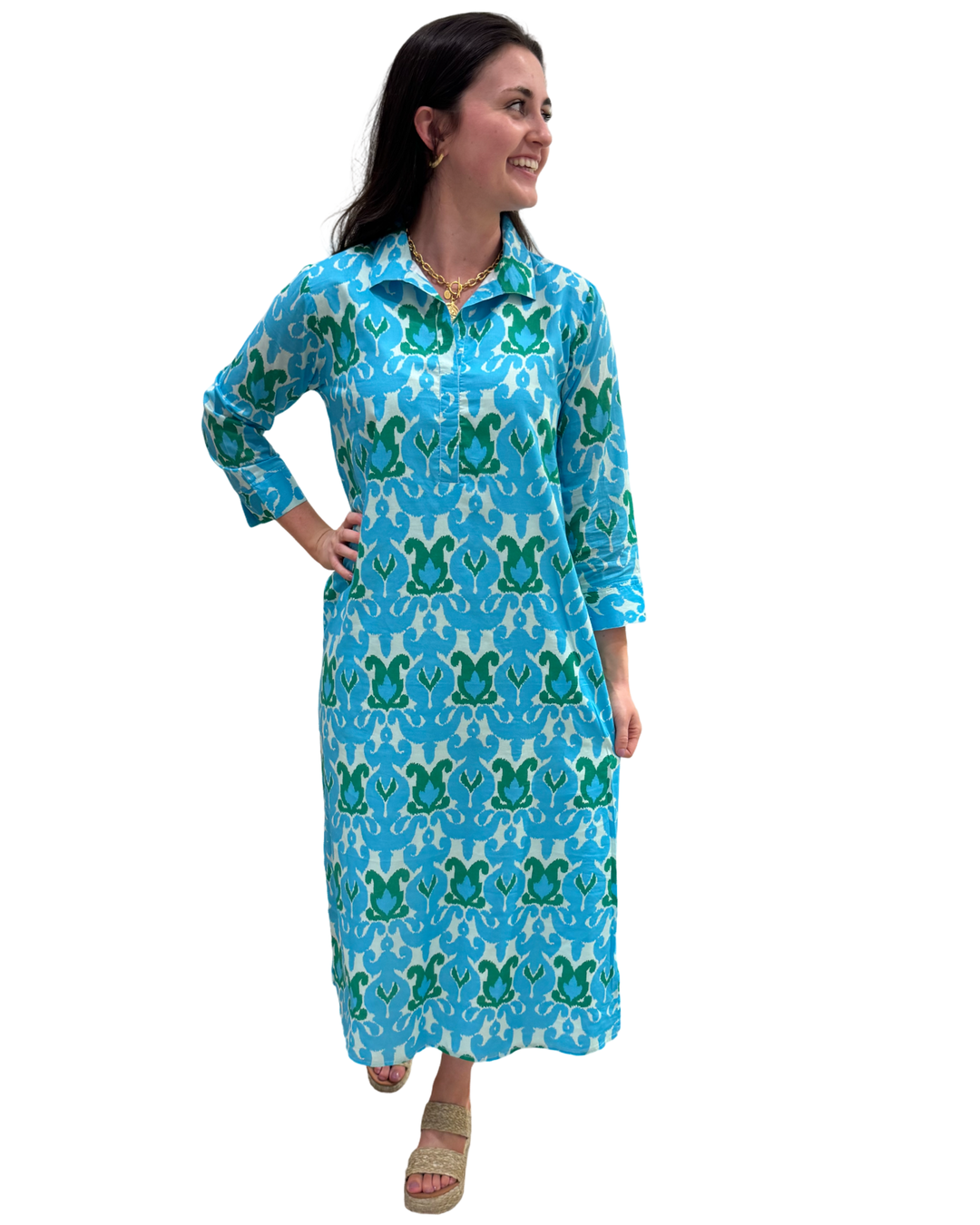 The Lisette Long Blue Green Ikat Dress — view 4