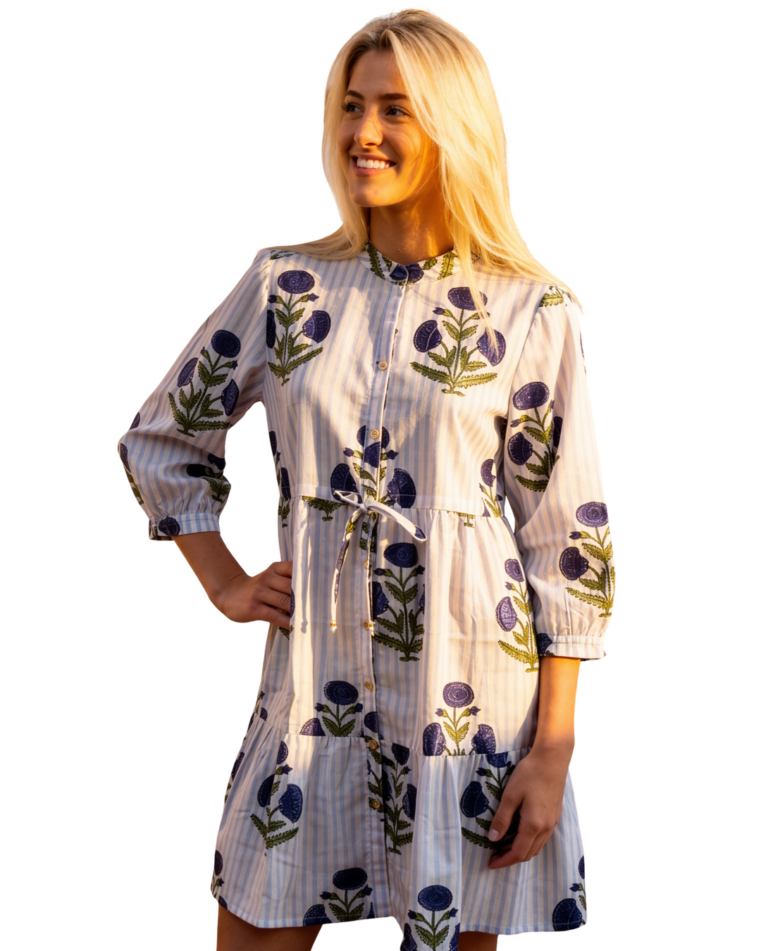 The Hamilton Striped Lavender Cotton Floral Hand Block Printed Dress — view 6