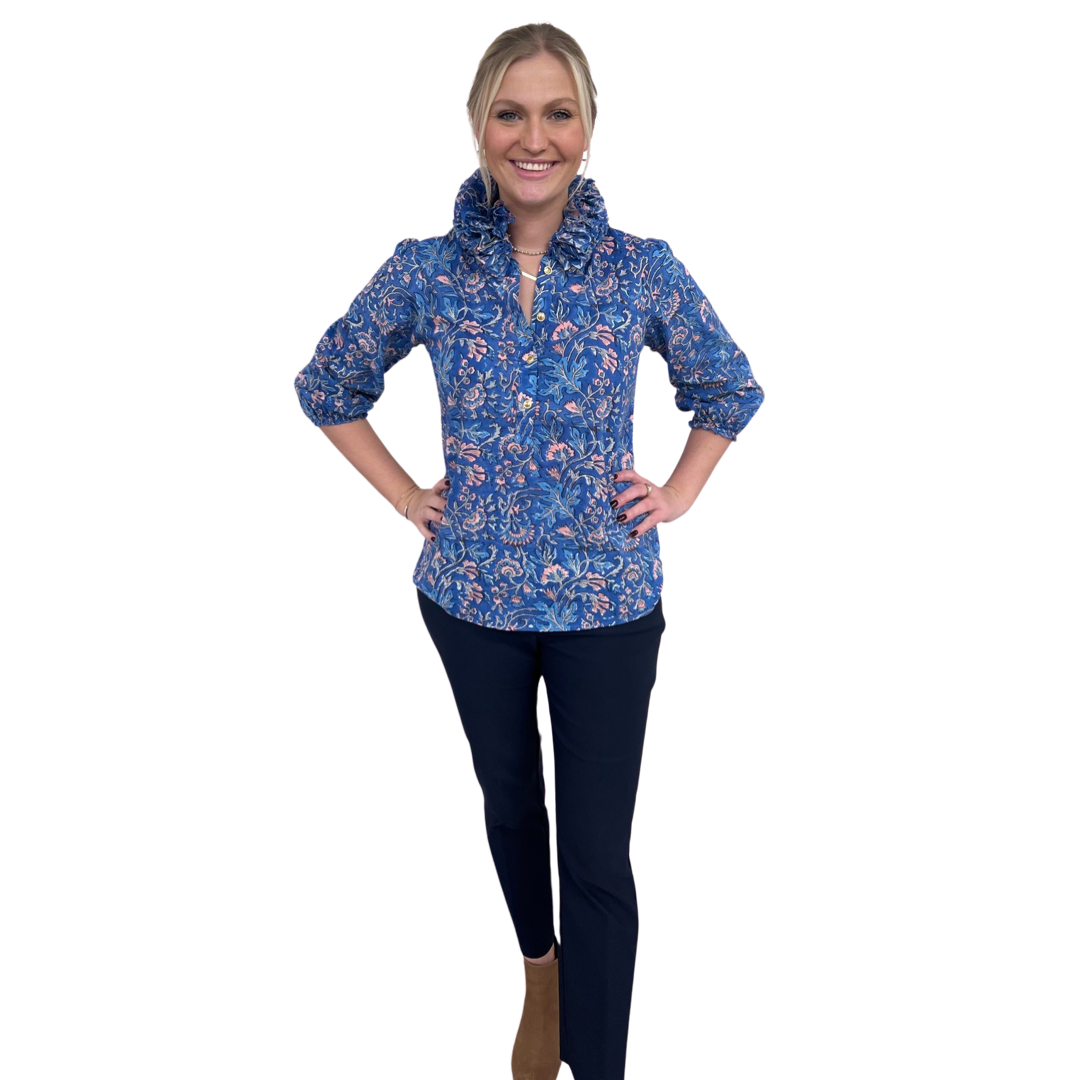 The Maria Ruffle Neck Top in Blue and Pink Floral
