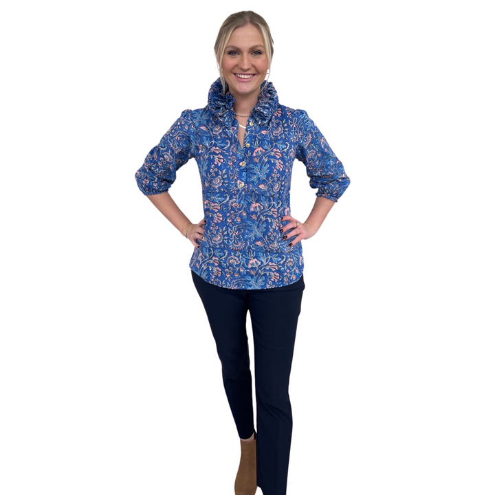 The Maria Ruffle Neck Top in Blue and Pink Floral