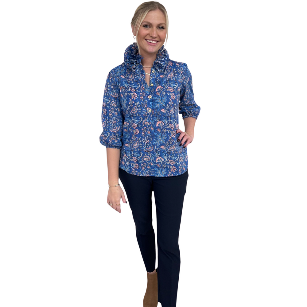 The Maria Ruffle Neck Top in Blue and Pink Floral — view 2